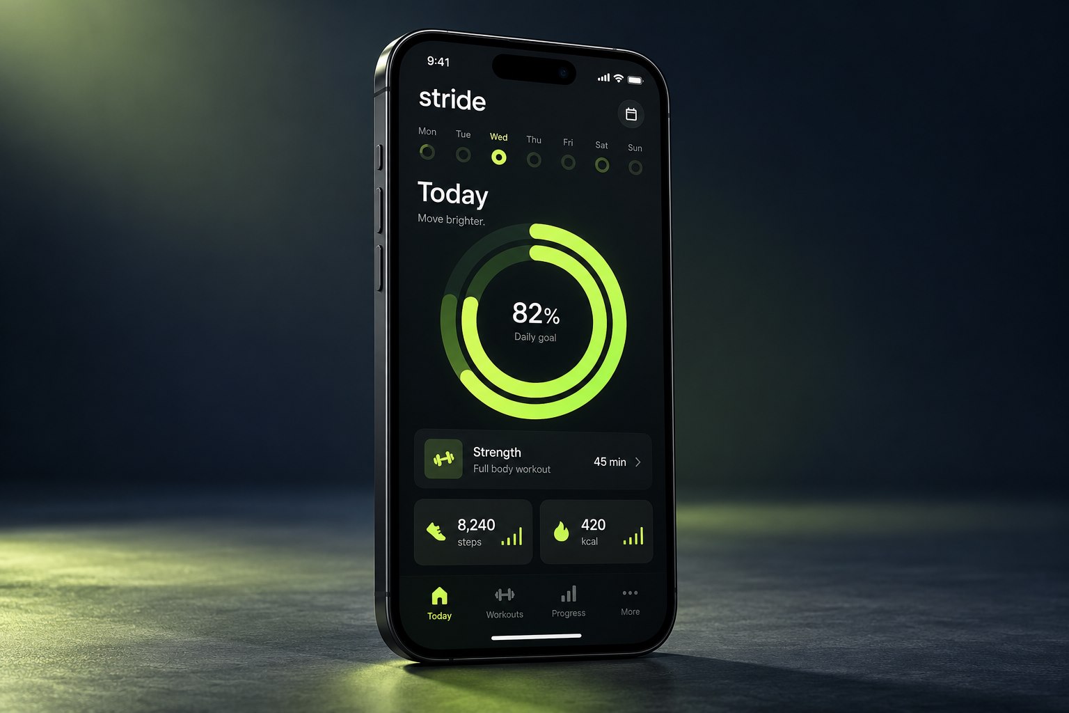 Sample fitness app on a smartphone, with lime progress indicators and workout cards