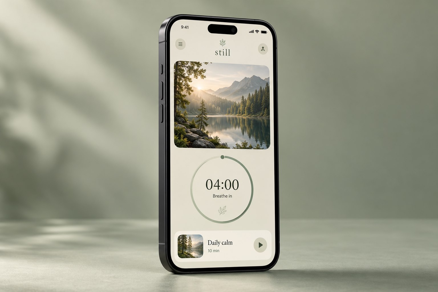 Sample meditation app on a smartphone, with a calming nature scene and breathing timer
